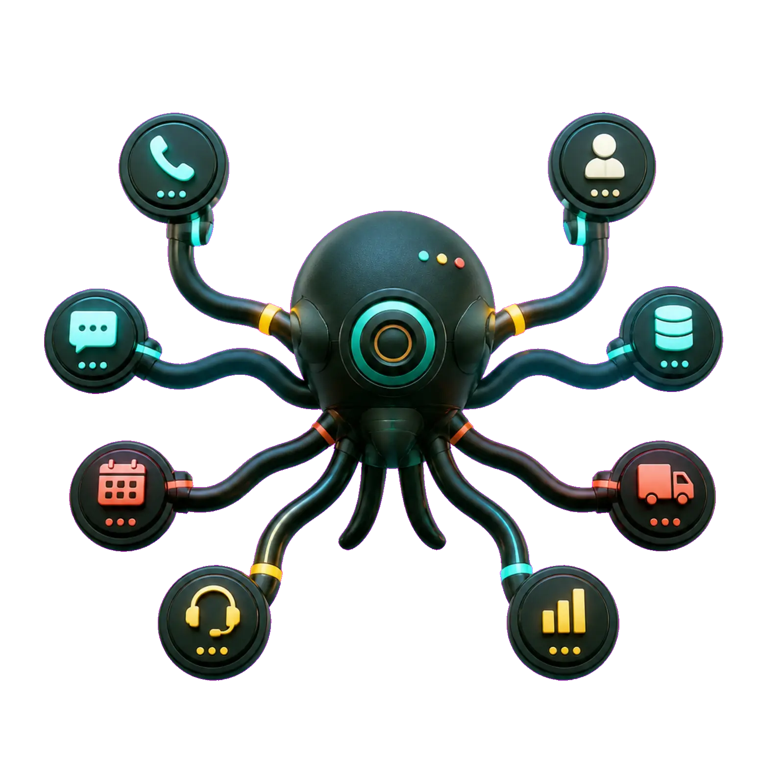 OctoOps command hub coordinating calls, routing, CRM writeback, and follow-up