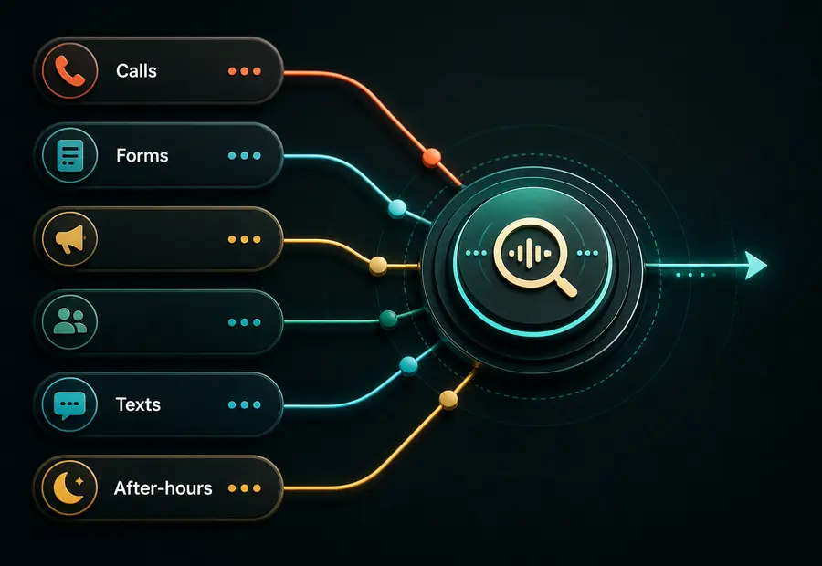 Input-channel map with calls, forms, texts, and after-hours nodes converging into an audit operating layer