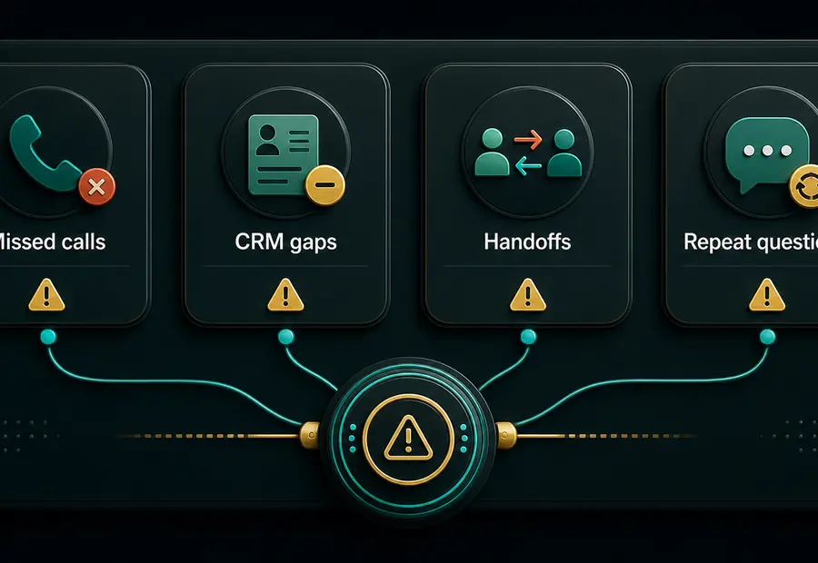 Bottleneck checklist with missed calls, CRM gaps, handoffs, and warning markers