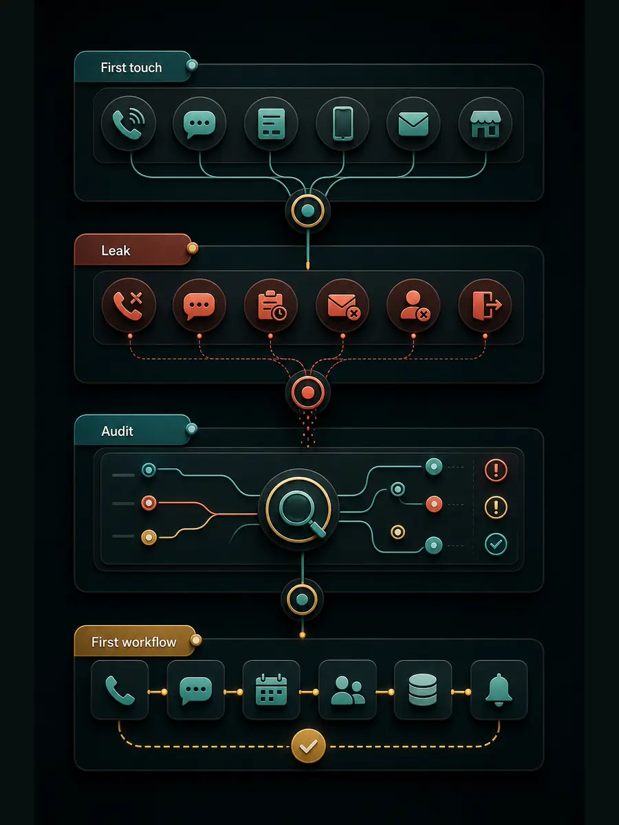 Top-to-bottom response-leak map from first touch through leak, audit, and recommended first workflow