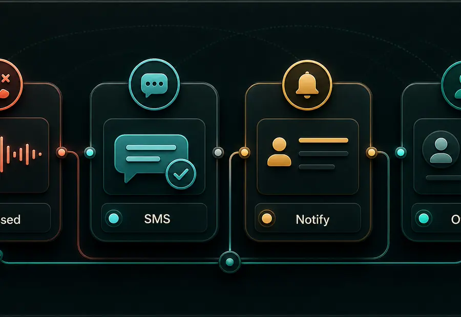Missed-call text-back and staff notification handoff panel with missed, SMS, notify, and owner states