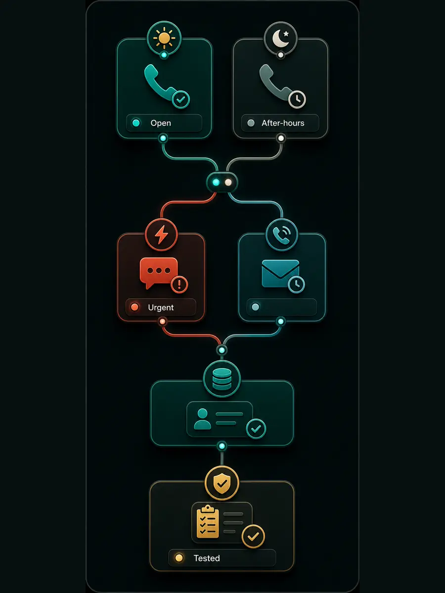Vertical call-flow diagram from open and after-hours branches through urgent route and tested launch check