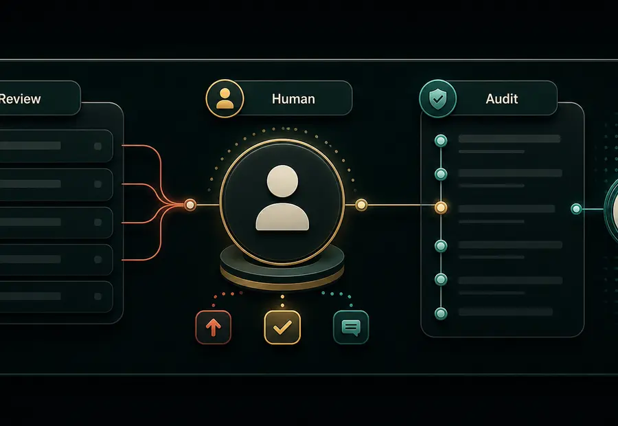 Human review and audit-trail panel with review queue, human decision glyph, and approval surface